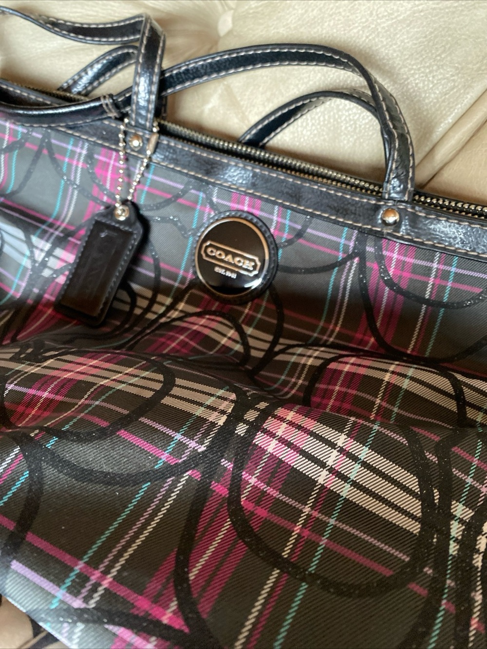 Vintage Coach Tote in Black with Pink Plaid and Teal Accents